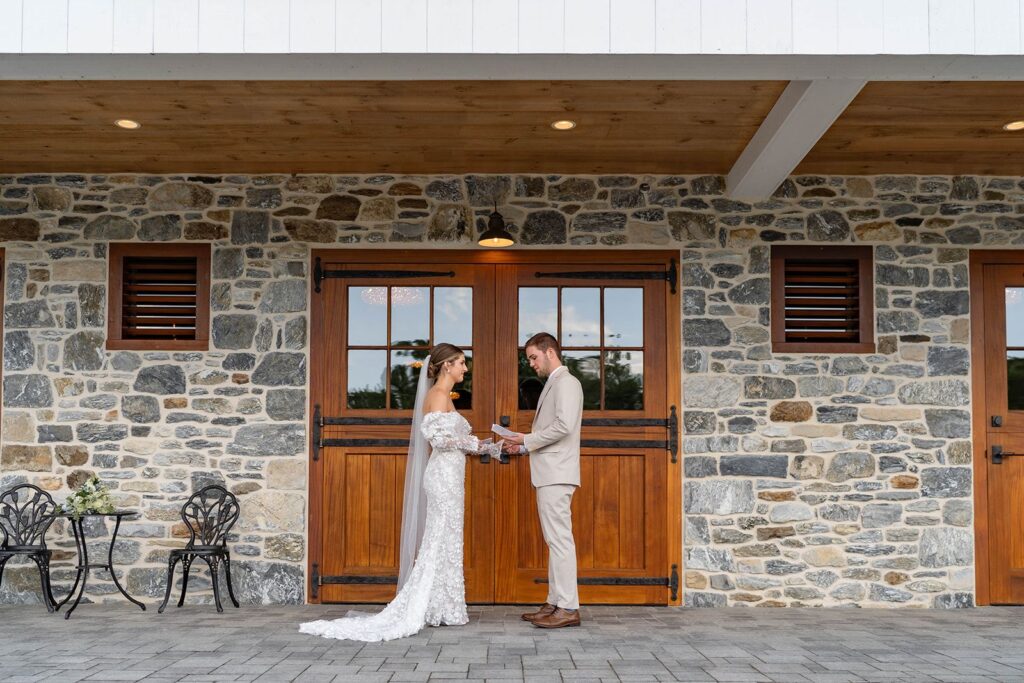 Bride and groom first look at an outdoor garden wedding ceremony near Philadelphia